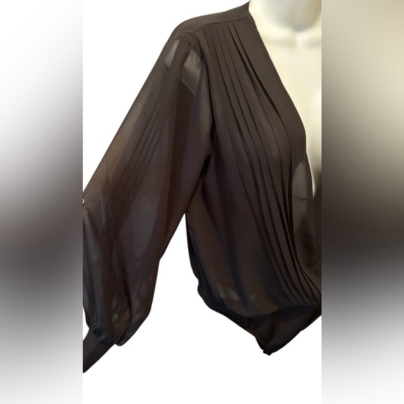 Express Plunging Chiffon Draped Black Bodysuit S Sheer Ballon Sleeve Sexy - Picture 3 of 6